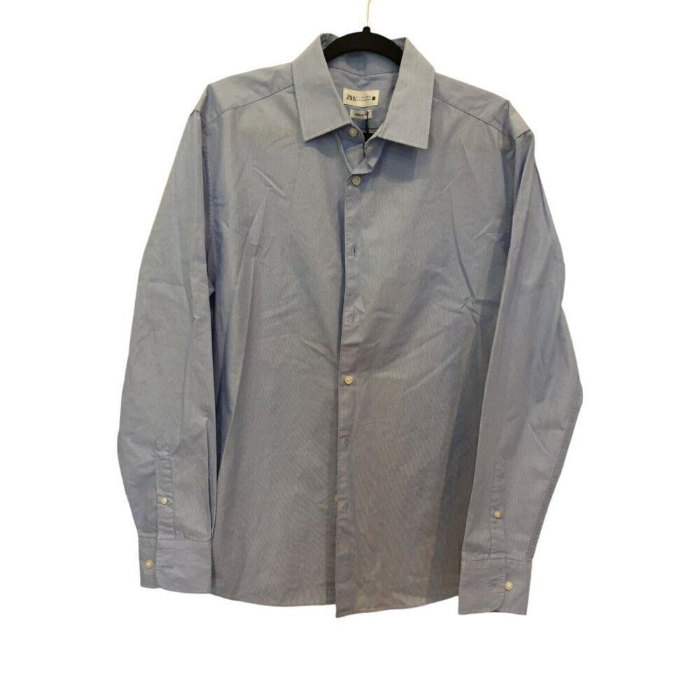 Zara Mens Shirt L Blue Striped Button Up Long Sleeve Regular Fit 3090/523 NWT